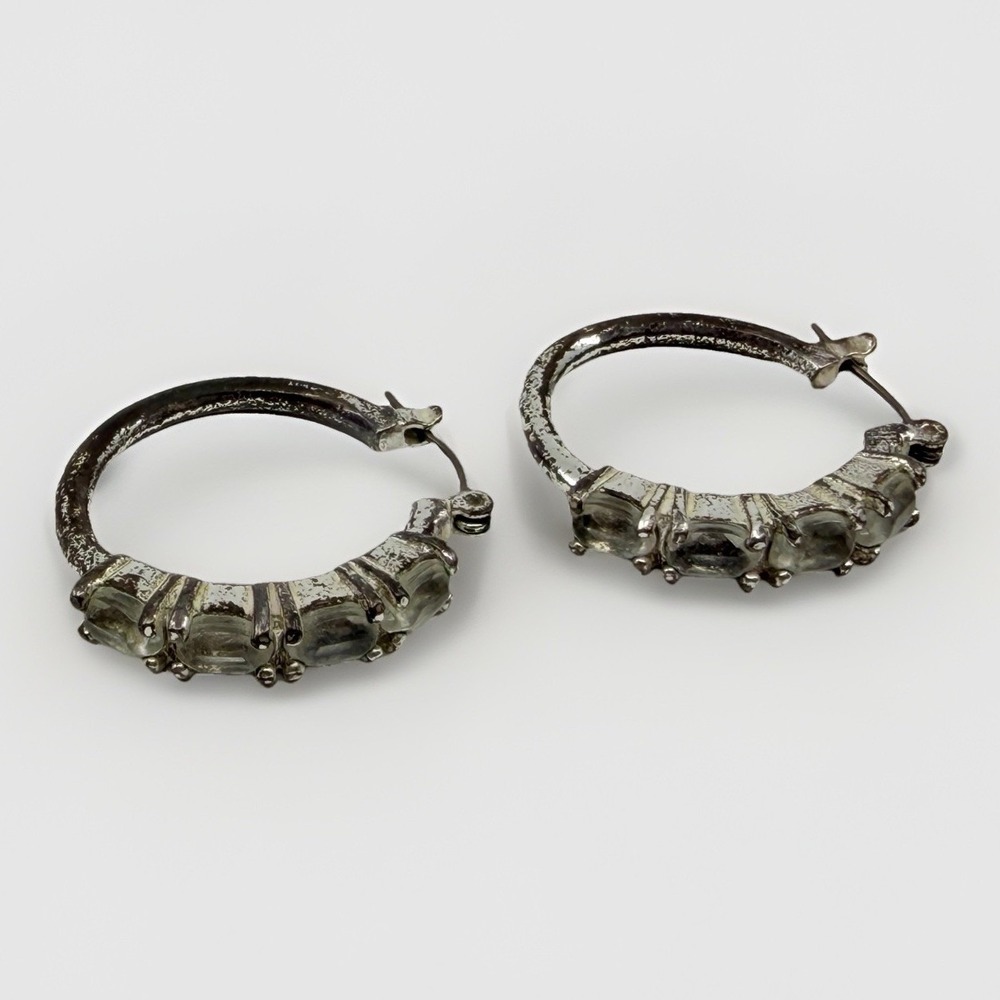 Vintage Silver Tone Hoop Earrings with Clear Stone Accent Y2K Huggie